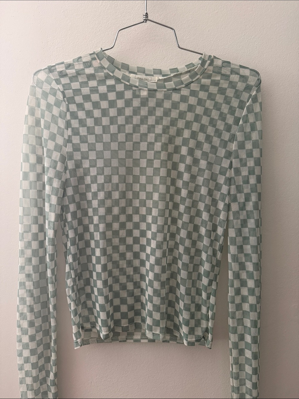 Full Tilt Transparent Sage and White Checkerboard Long Sleeve Top